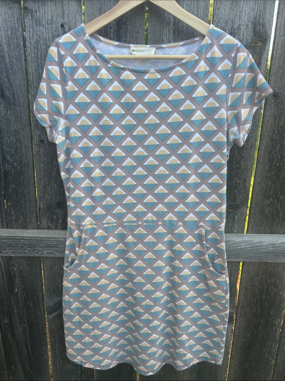 Synergy Organic Cotton Geometric Diamond Print Short Sleeve Pocket Dress M